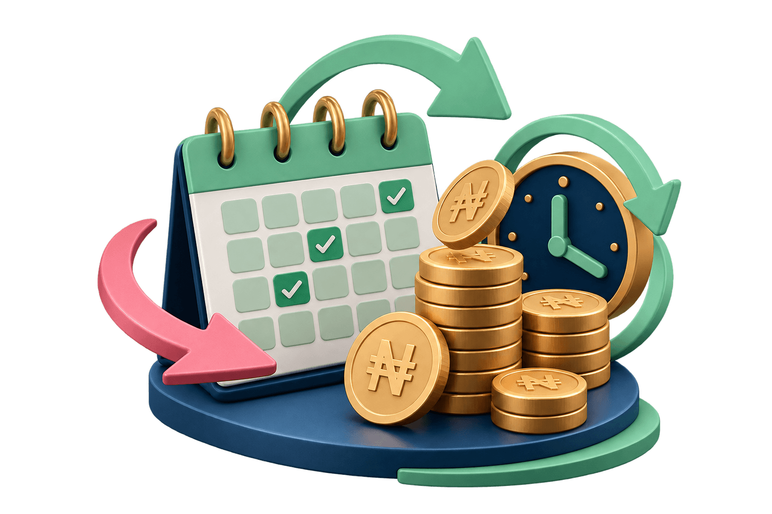 A calendar, clock and naira coins showing a repeating investment rhythm