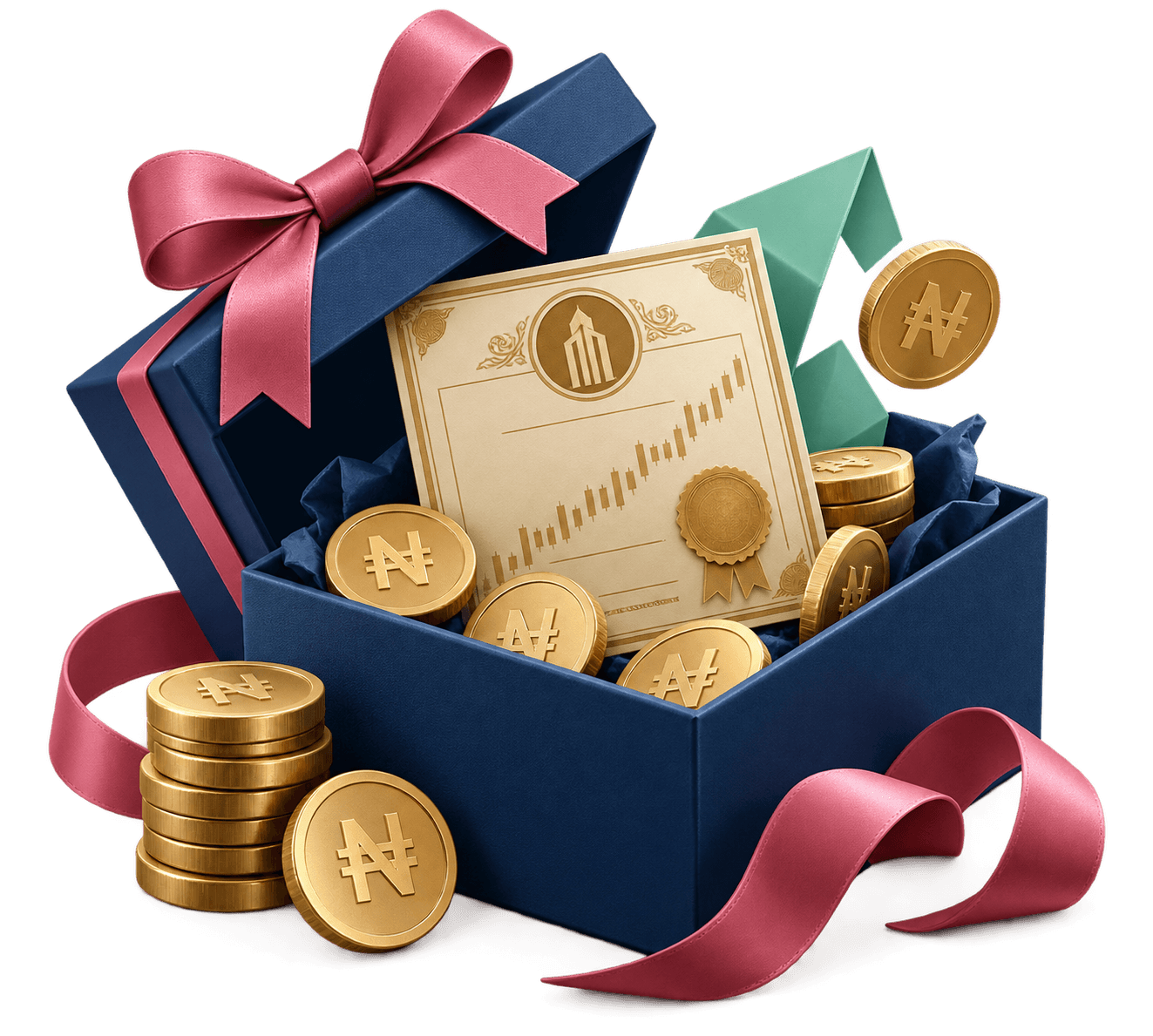 A navy gift box opening onto a share certificate and gold naira coins