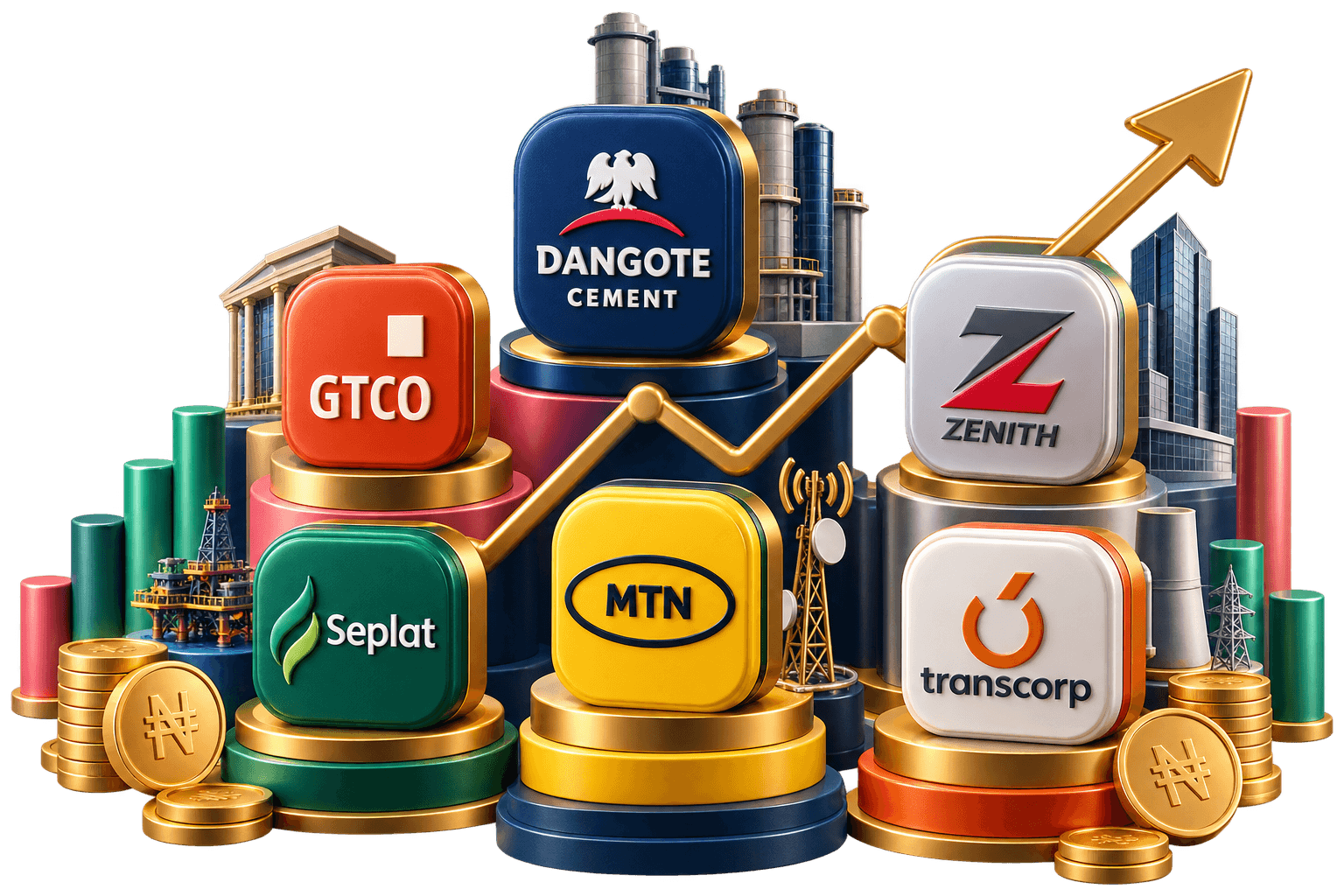 Tiles of major Nigerian companies with naira coins and a rising market line