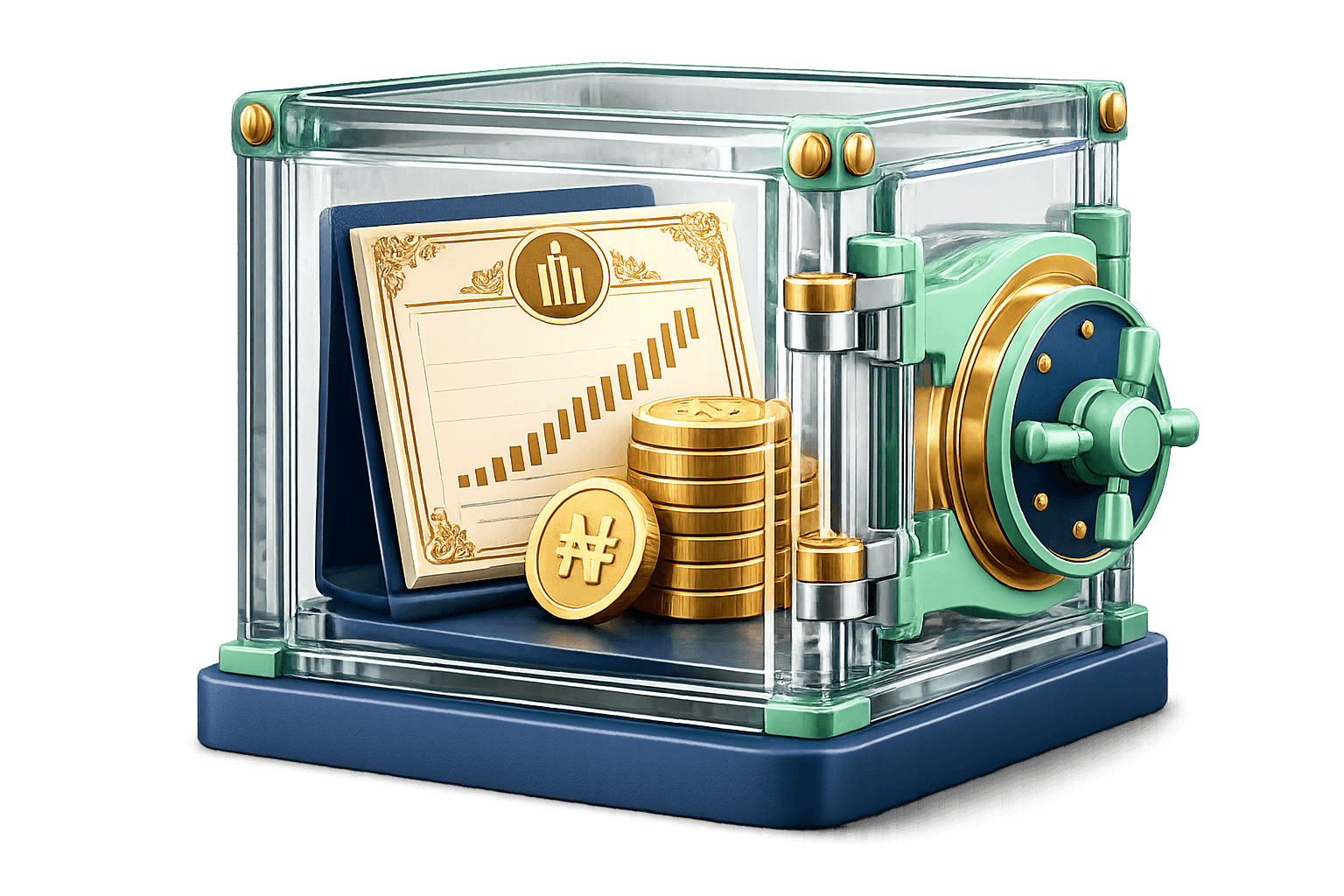 A glass vault holding naira coins and a share certificate