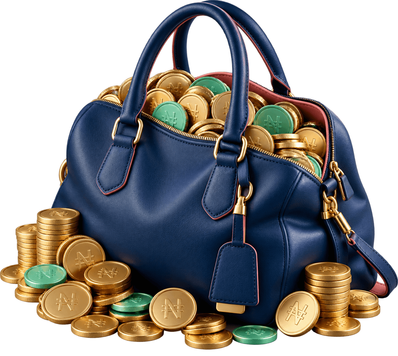 A navy investment bag filled with naira coins