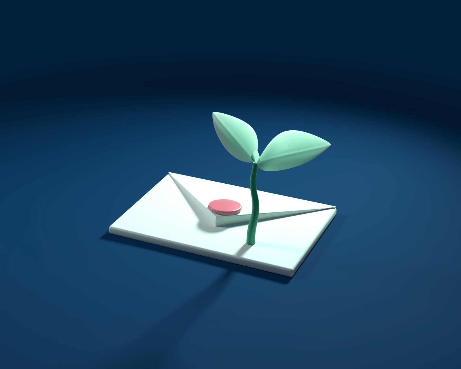 A sealed paper envelope with a pink wax seal, a sprout growing out from under its flap