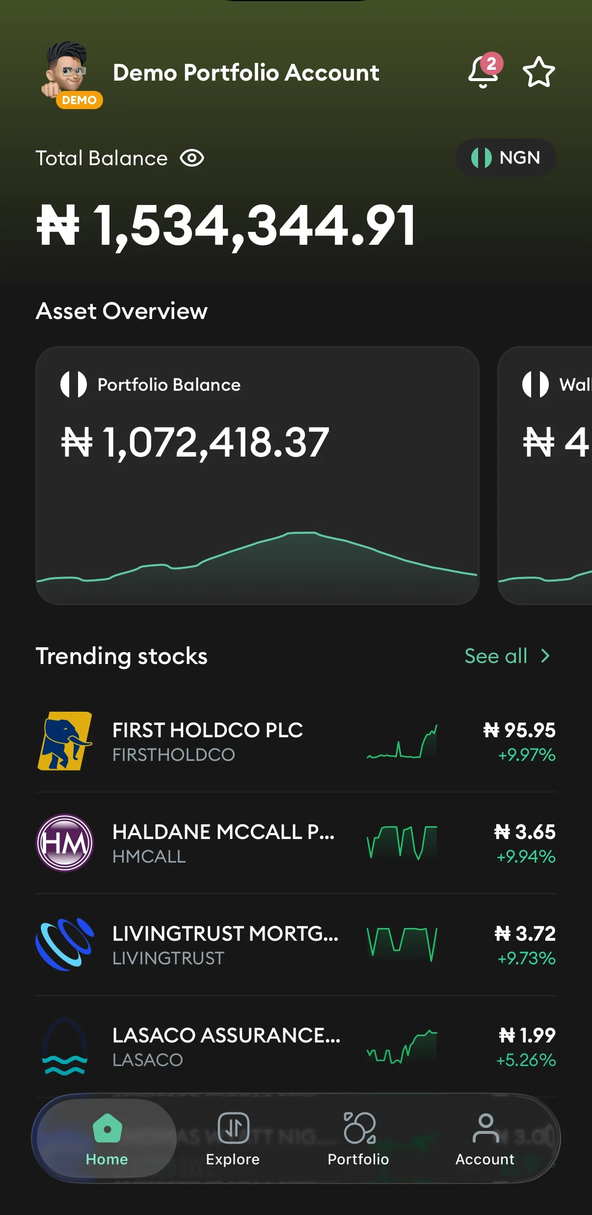 Qoovest demo portfolio account in dark mode with a practice balance and trending stocks
