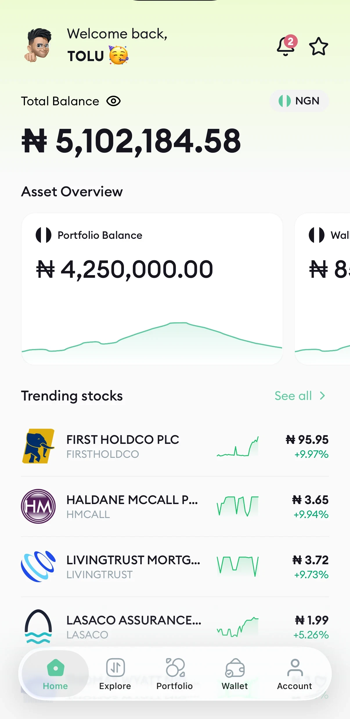 Qoovest home screen with a total balance, a portfolio balance chart and today's trending NGX stocks
